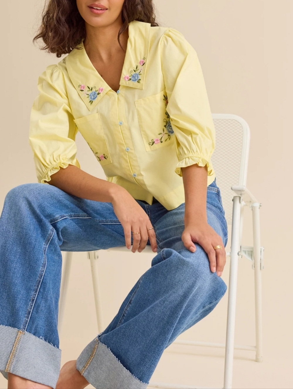 Altar'd State Top NWT Size M Yellow Baby Embroidery Short Sleeves Collar Buttons